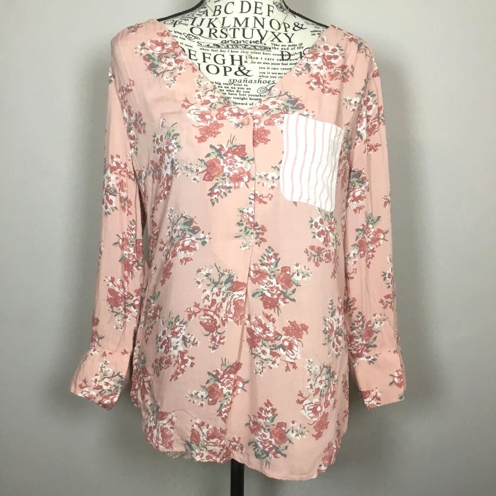 Pink floral button down shirt chintz pattern white pink striped pocket & back S